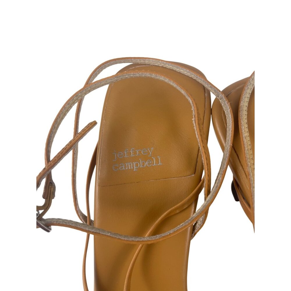 Jeffrey Cambpell Women's 9.5 Fluxx Tan Strappy Square Open Toe Kitten Heel Pumps - Picture 5 of 11